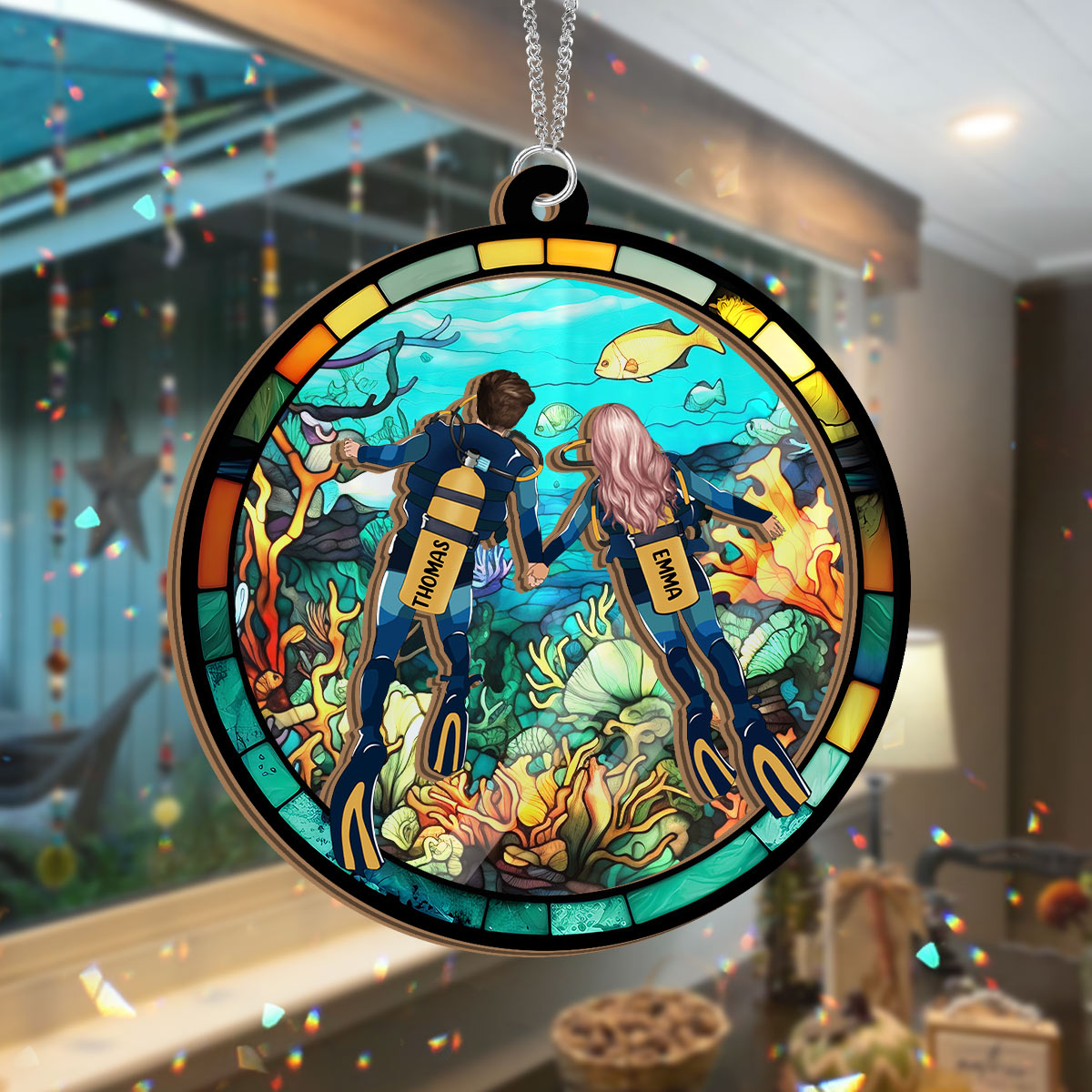 You & Me And The Sea - Personalized Scuba Diving 2 Layered Window Hanging Suncatcher