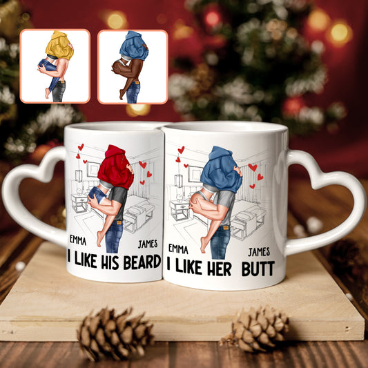 I Like His Beard I Love Her Butt - Personalized Couple Matching Heart Handle Mug
