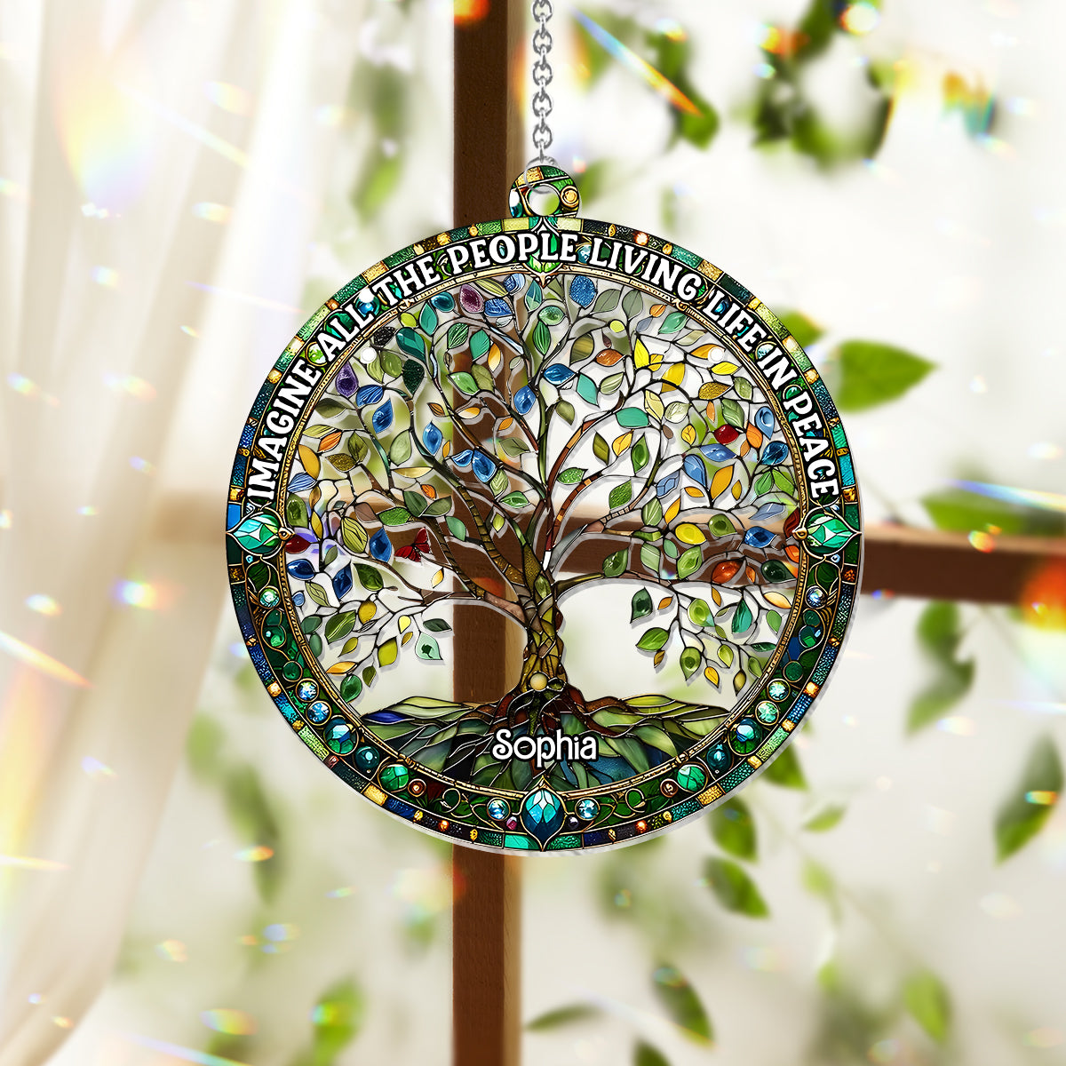 Imagine All The People Living Life In Peace - Personalized Hippie Window Hanging Suncatcher Ornament