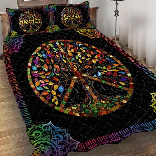 It's A Beautiful World Tree Of Life Peace Sign - Personalized Hippie Quilt Set