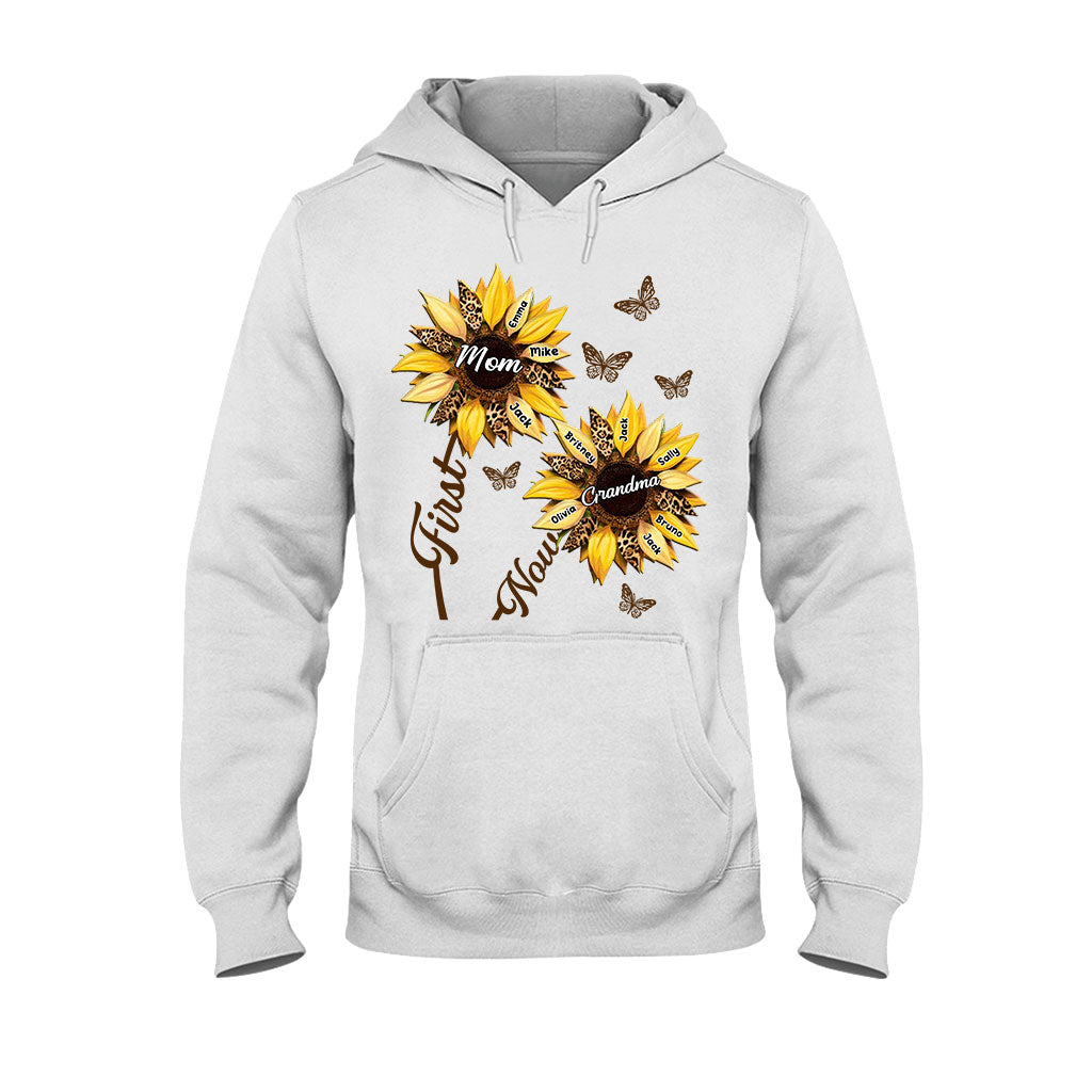 First Mom Now Grandma Sunflower - Personalized Grandma T-shirt And Hoodie