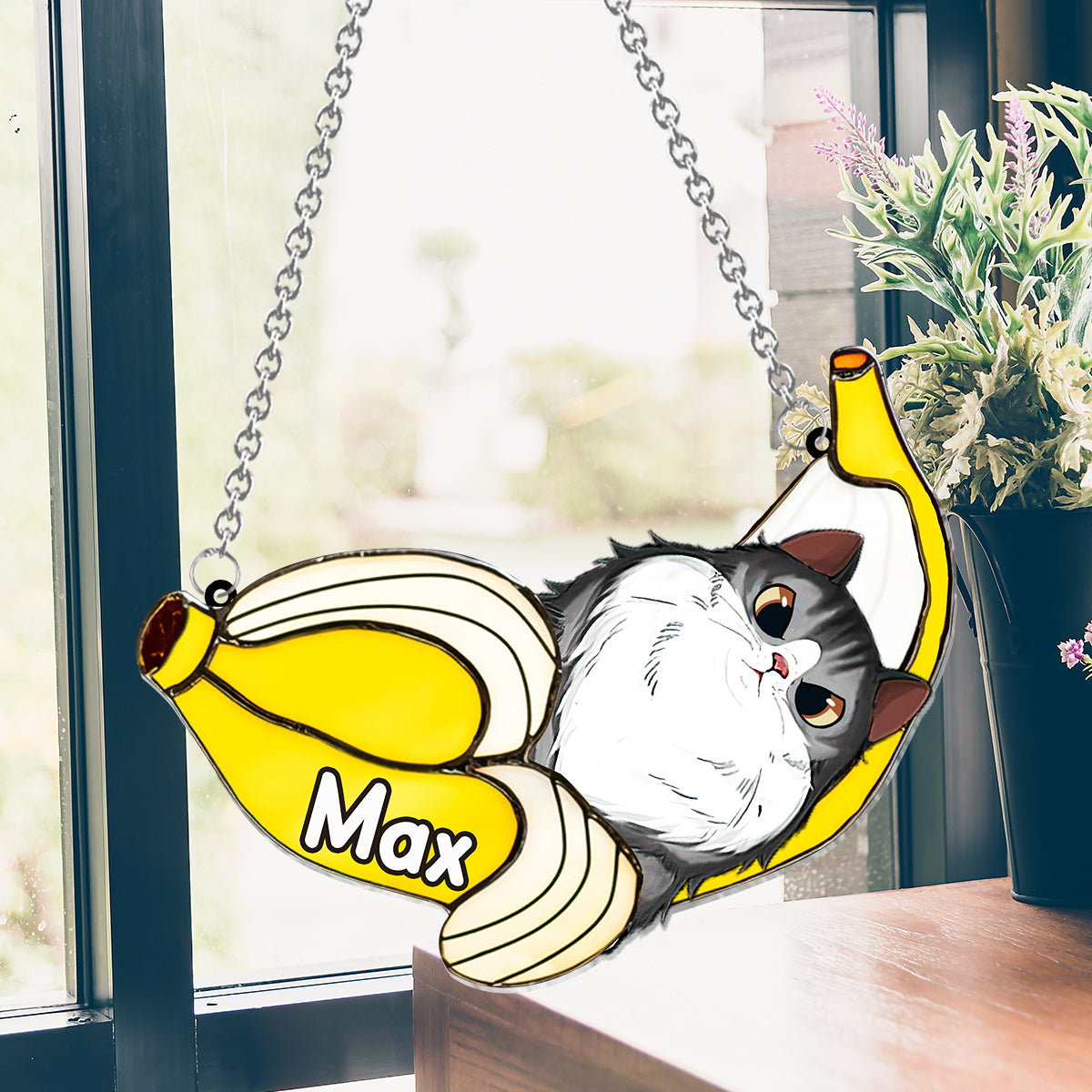 Funny Cat In A Banana - Personalized Cat Window Hanging Suncatcher Ornament