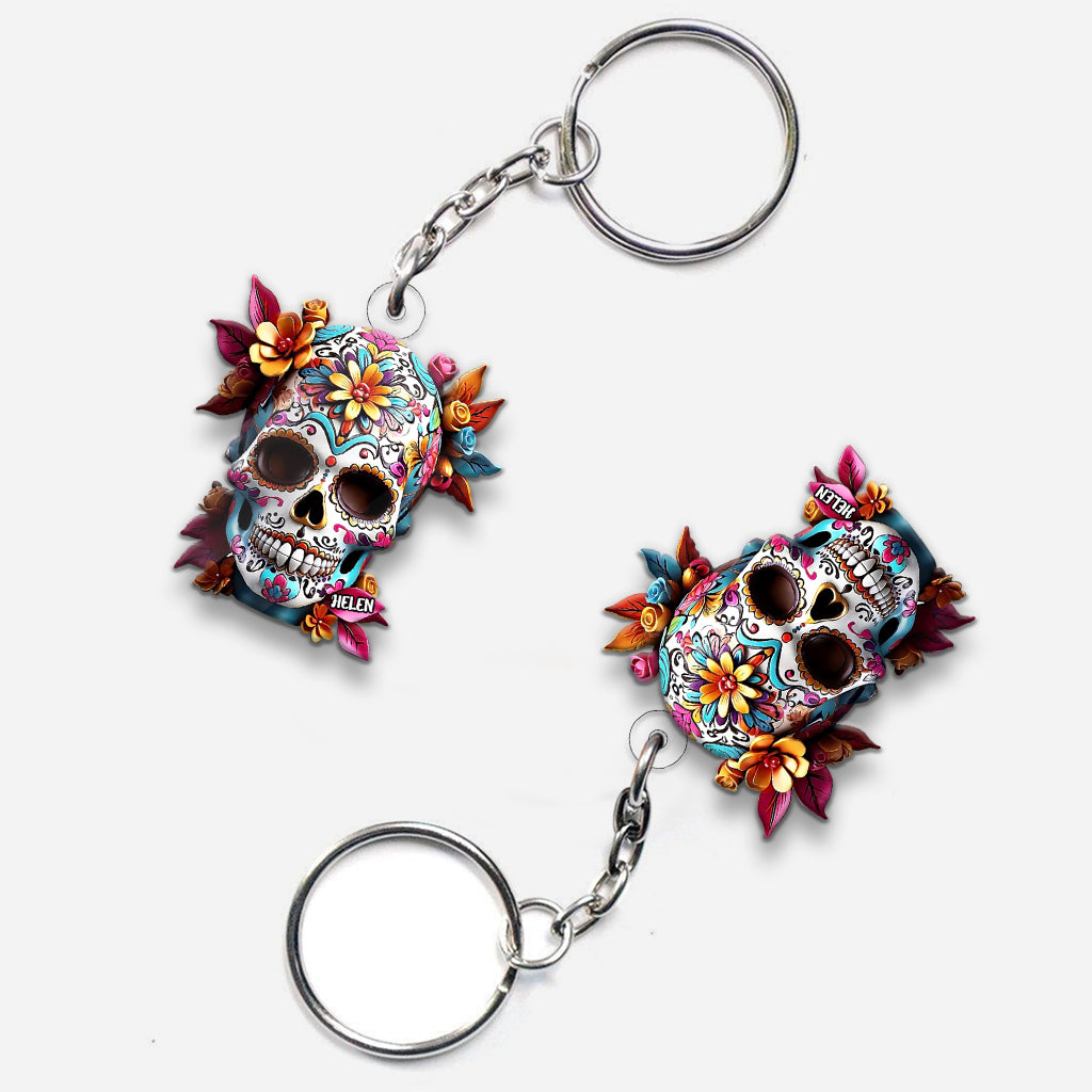 Floral Sugar Skull - Personalized Skull Custom Shaped Keychain