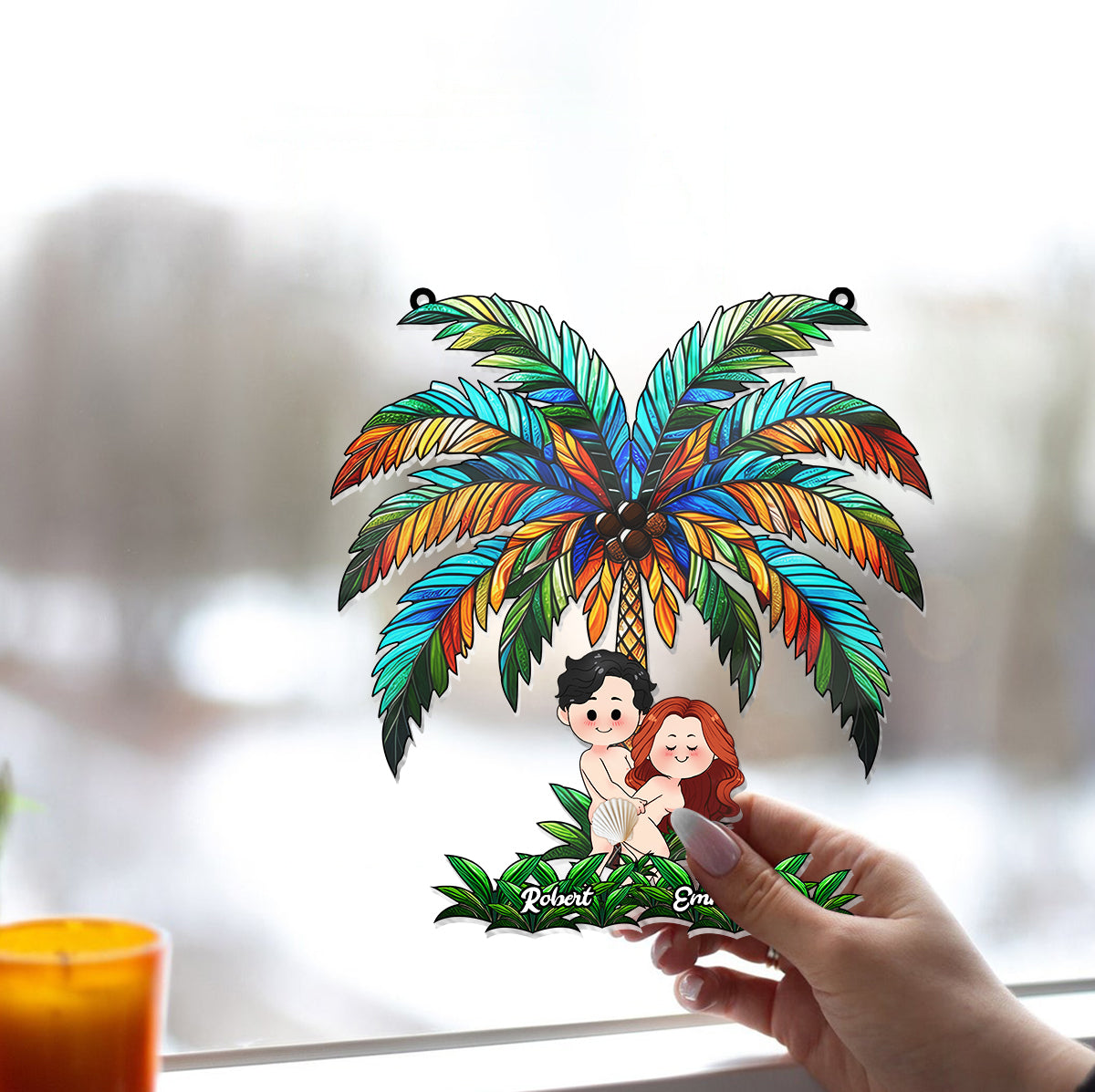 Funny Couple Under The Palm Tree - Personalized Couple Window Hanging Suncatcher Ornament
