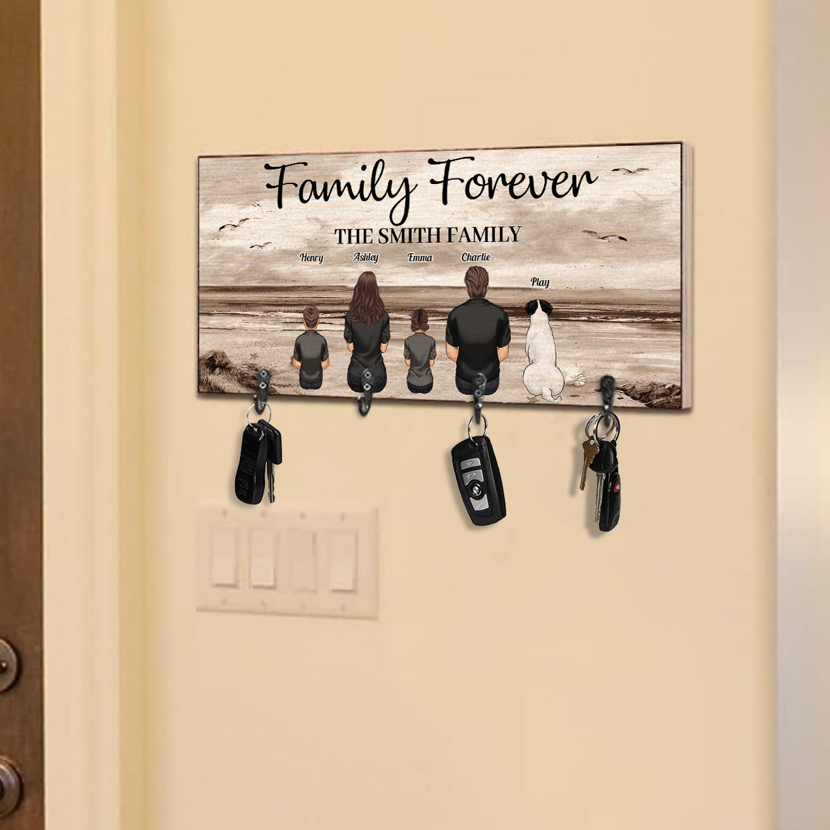 Family Forever Beach Landscape Vintage Version - Personalized Family Key Rack