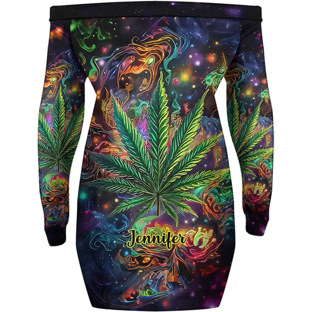Stoner Chick - Personalized Weed Off Shoulder Long Sleeve Dress