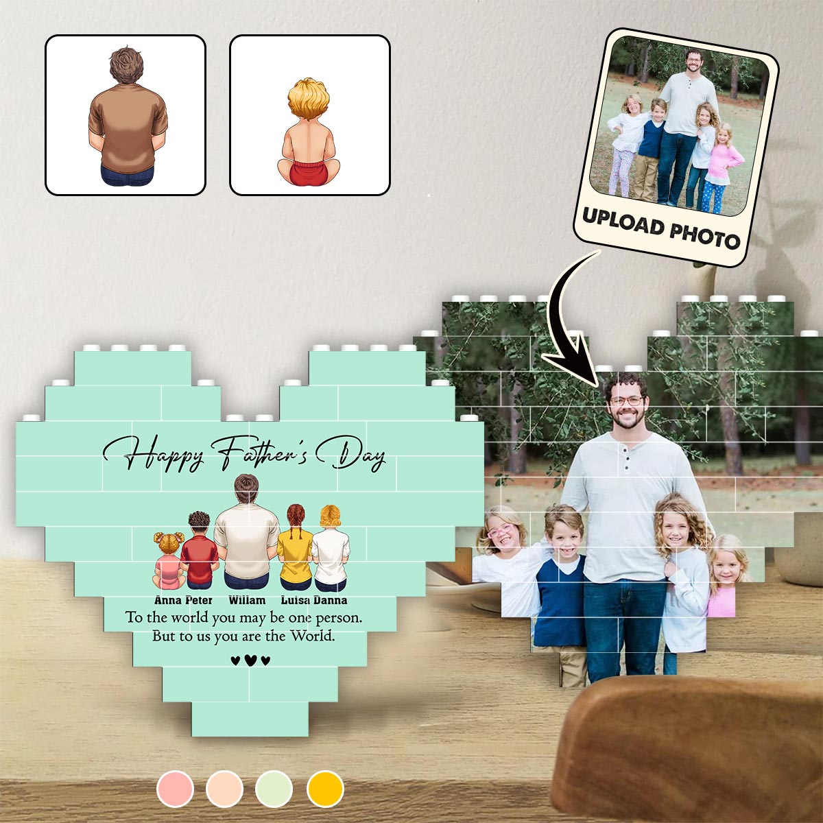 Happy Father's Day Best Dad Ever Back View Man Kids - Personalized Father Heart Building Brick Blocks Printed On Both Sides