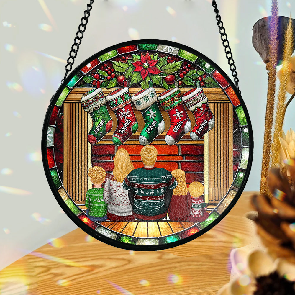 Happy Family Sitting By The Fireplace - Personalized Family Stained Glass Suncatcher
