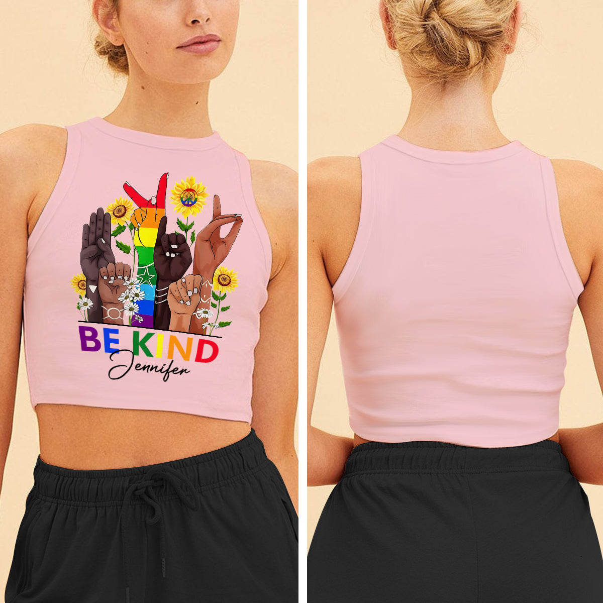 Be Kind Sign Language Rainbow Peace Sign - Personalized LGBT Support Crop Tank Top