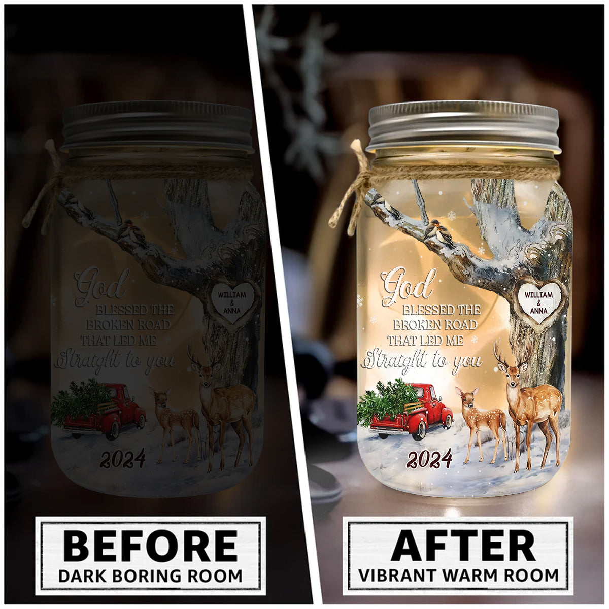 God Blessed The Broken Road - Personalized Couple Mason Jar Light