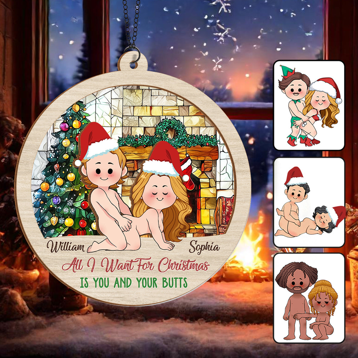 All I Want For Christmas Is You And Your Butt - Personalized Couple 2 Layered Window Hanging Suncatcher
