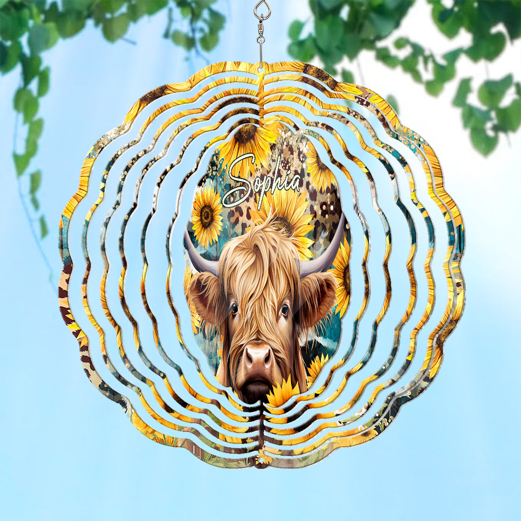 Highland Cow Among Sunflowers - Personalized Wind Spinner