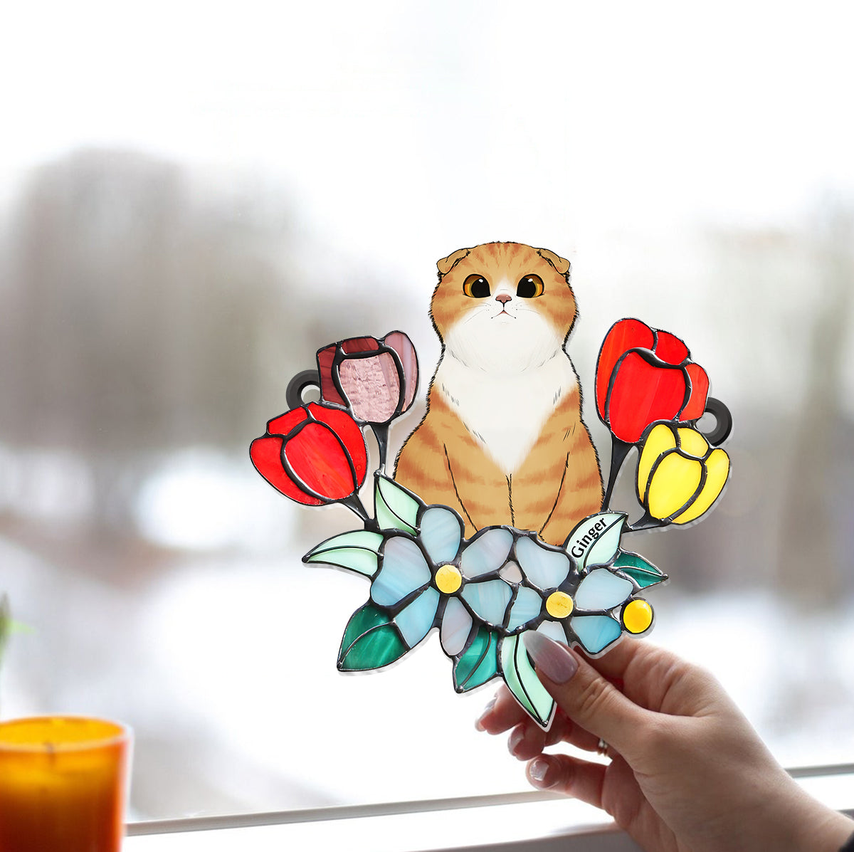 Cat Among Flowers - Personalized Cat Window Hanging Suncatcher Ornament