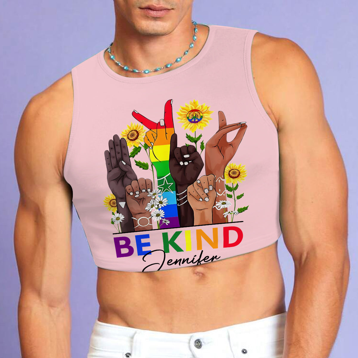 Be Kind Sign Language Rainbow Peace Sign - Personalized LGBT Support Crop Tank Top