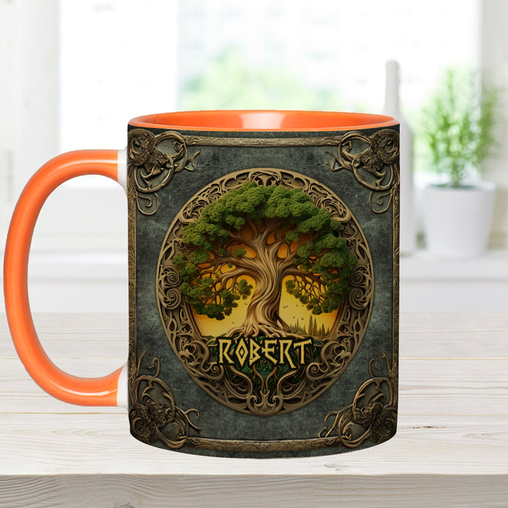 Lebensbaum-Motiv, skandinavische Mythologie, rustikaler Stil – personalisierte Tasse mit irischem Akzent