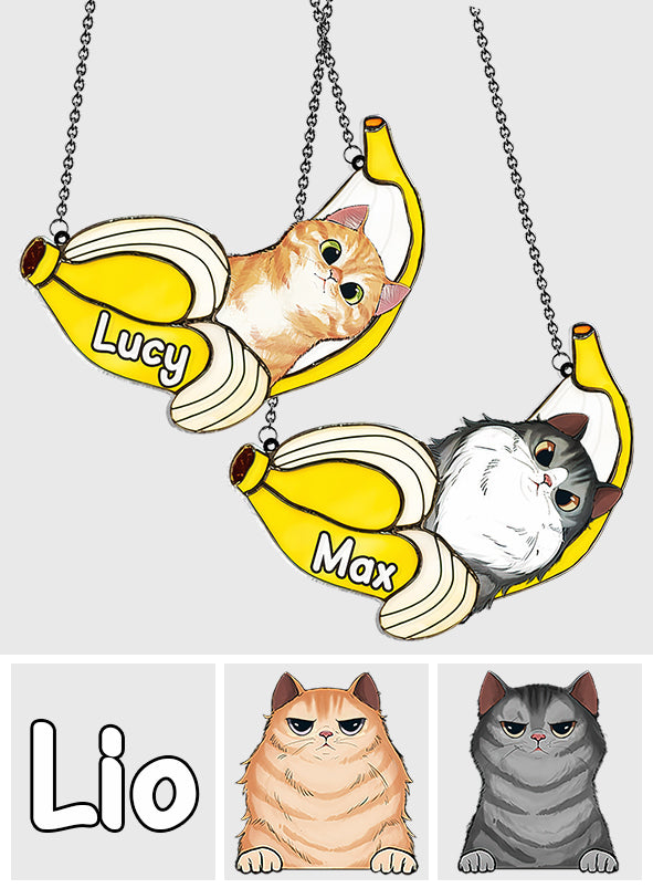 Funny Cat In A Banana - Personalized Cat Window Hanging Suncatcher Ornament