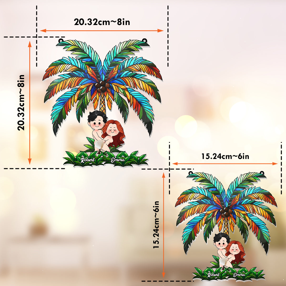Funny Couple Under The Palm Tree - Personalized Couple Window Hanging Suncatcher Ornament
