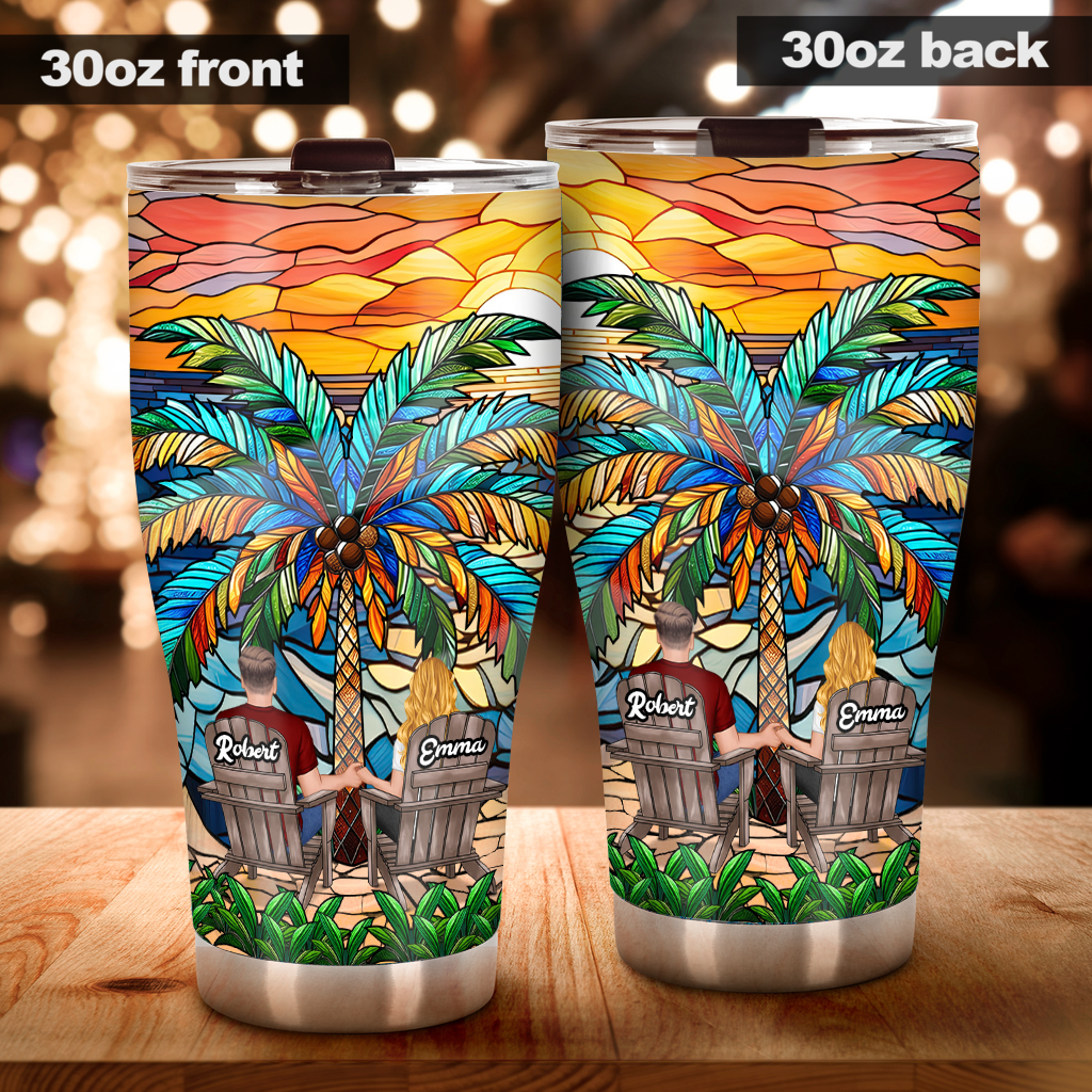 Under The Palm Tree Happy Couple - Personalized Couple Tumbler