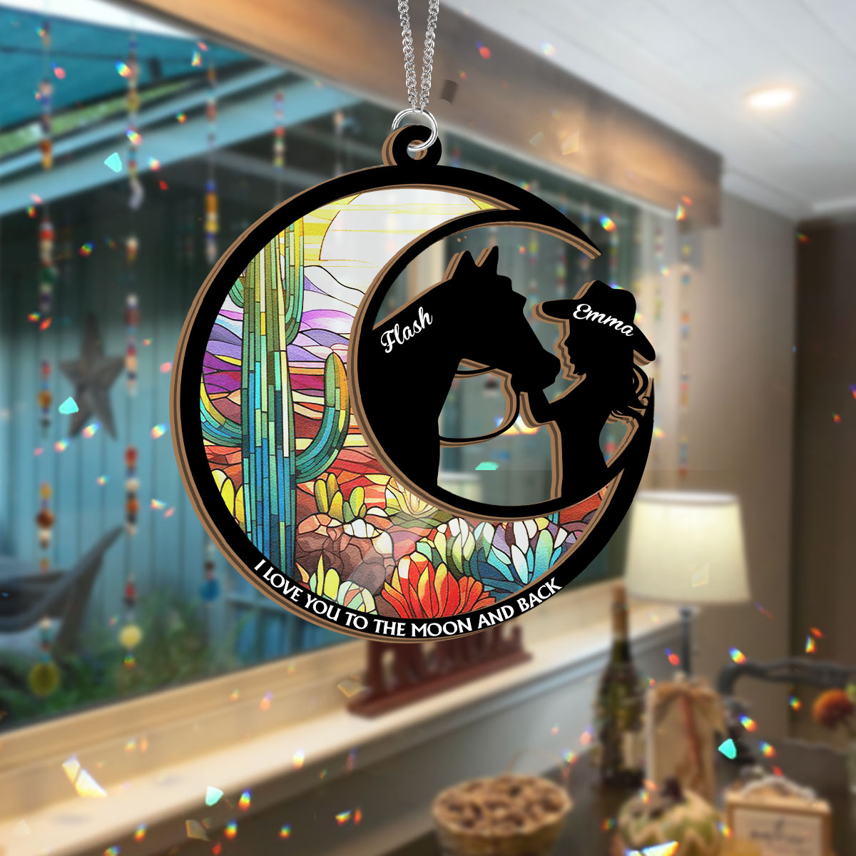 Ich liebe dich bis zum Mond – Pferdemädchen-Buntglasbild – Personalisierter zweilagiger Fensterhänger mit Pferdemotiv