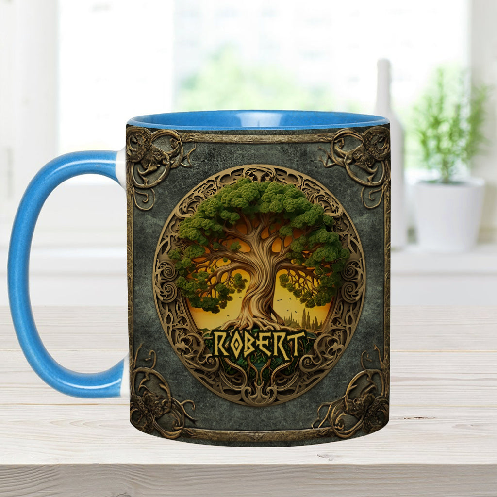 Lebensbaum-Motiv, skandinavische Mythologie, rustikaler Stil – personalisierte Tasse mit irischem Akzent