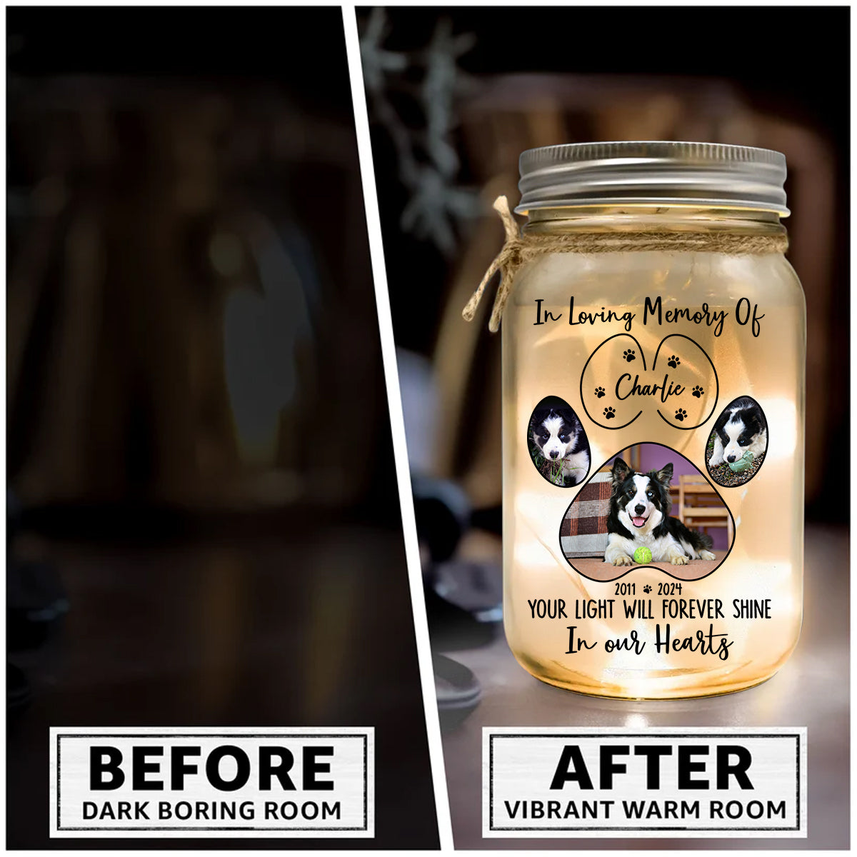Ta lumière brillera à jamais dans nos cœurs - Lampe personnalisée pour bocal Mason en forme de chien