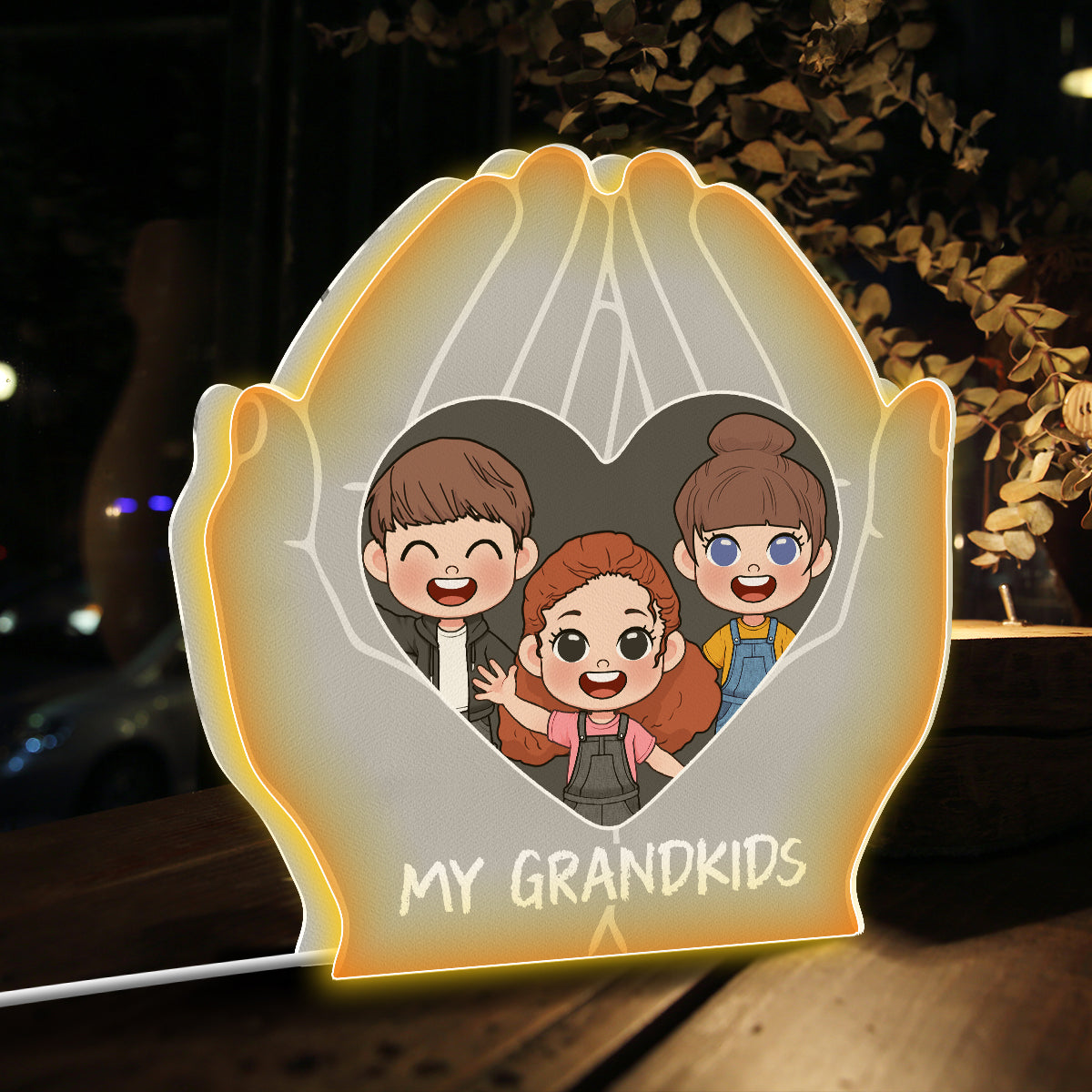 My Grandkids Chibi Hand Holding Heart - Personalized Grandma Shaped Light Box