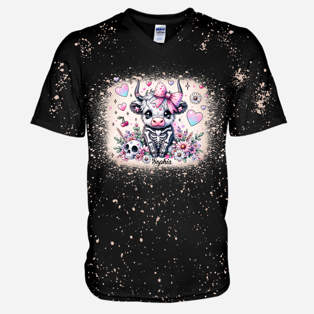 Cute Spooky Halloween Highland Cow - Personalized Bleached T-Shirt