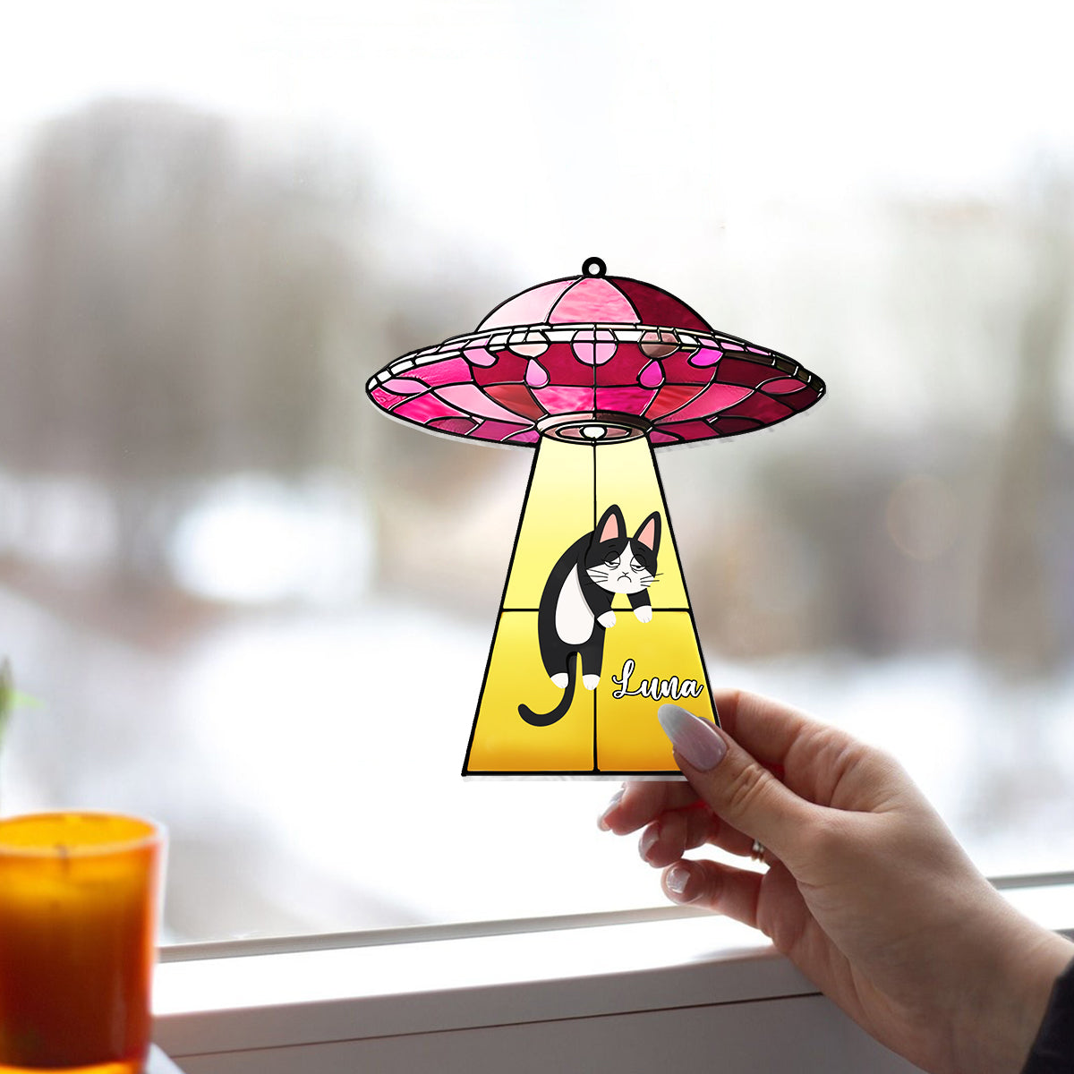 UFO With A Cat - Personalized Cat Window Hanging Suncatcher Ornament