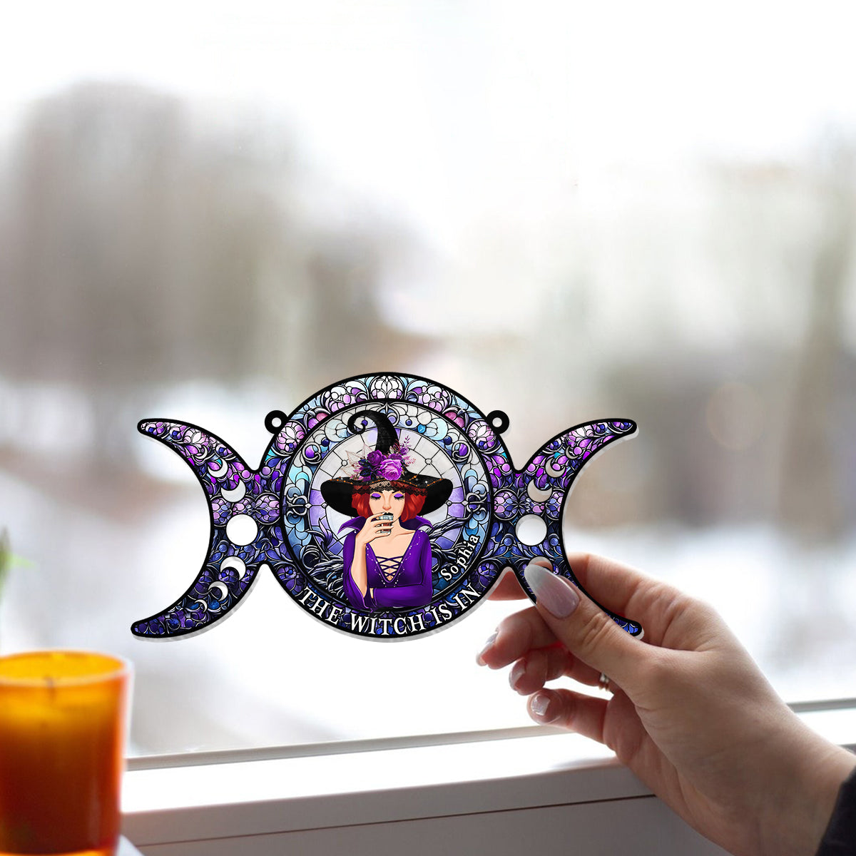 The Witch Is In - Personalized Witch Window Hanging Suncatcher Ornament