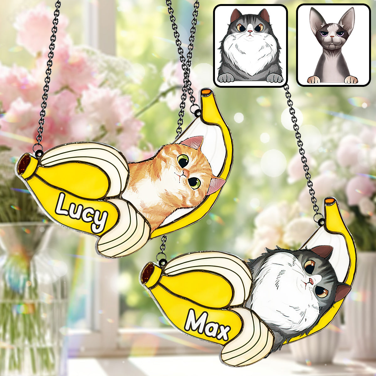 Funny Cat In A Banana - Personalized Cat Window Hanging Suncatcher Ornament