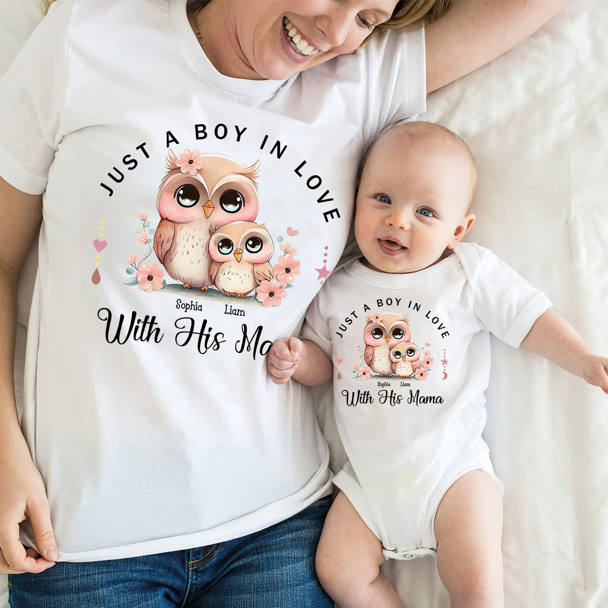 Just A Mom In Love With Her Boy,Girl - Personalized Mother T-shirt And Baby Onesie