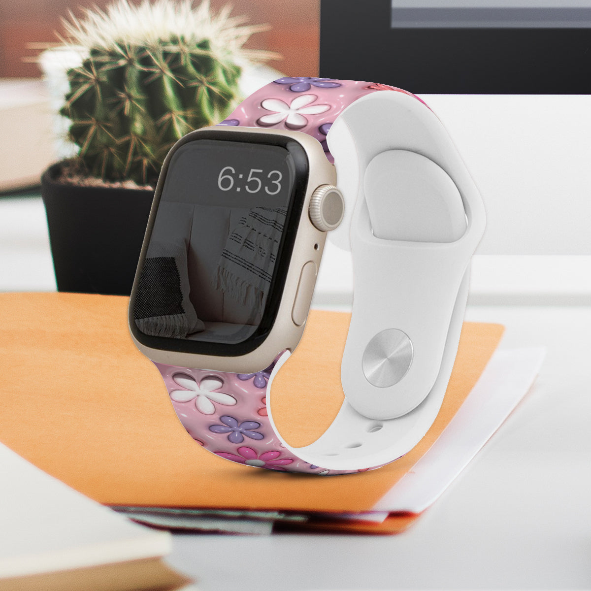 Bracelet Apple Watch rose fleuri et bouffant - Bracelet Apple Watch personnalisé