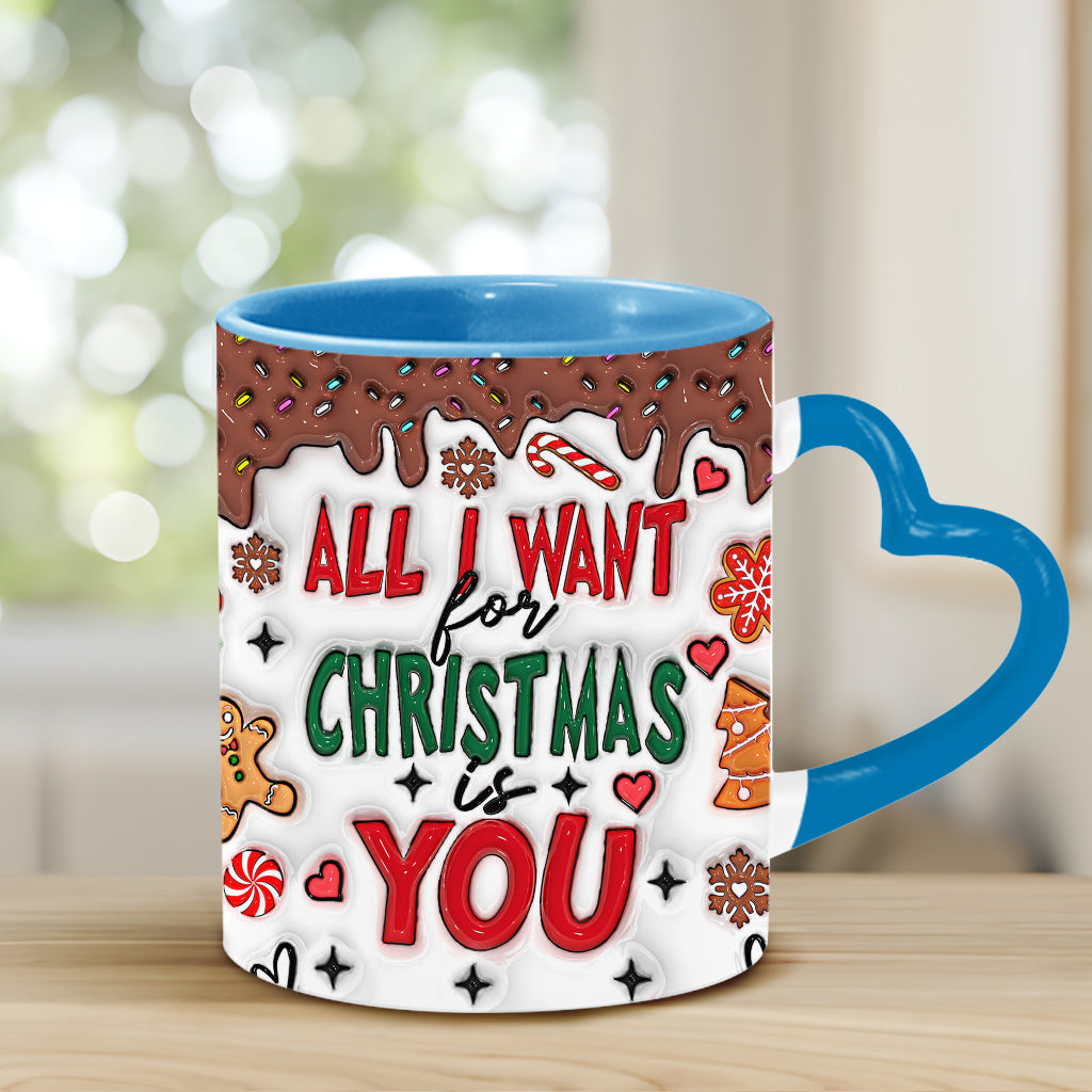 All I Want For Christmas Is You - Personalized Couple Heart Handle Mug