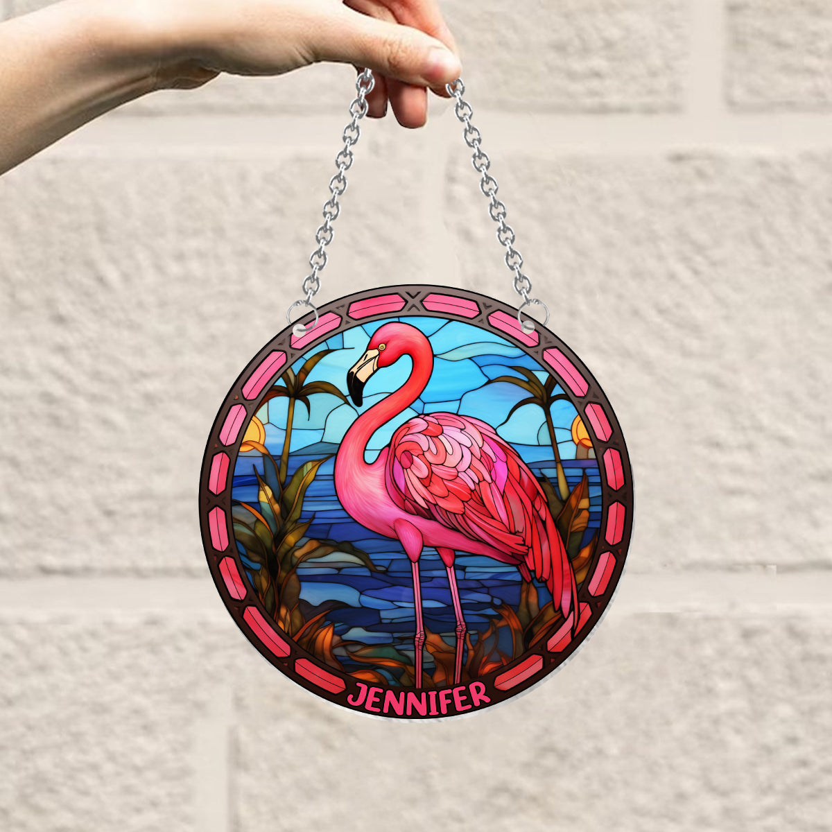 J'adore les flamants roses - Ornement attrape-soleil personnalisé à suspendre à la fenêtre, motif flamant rose 