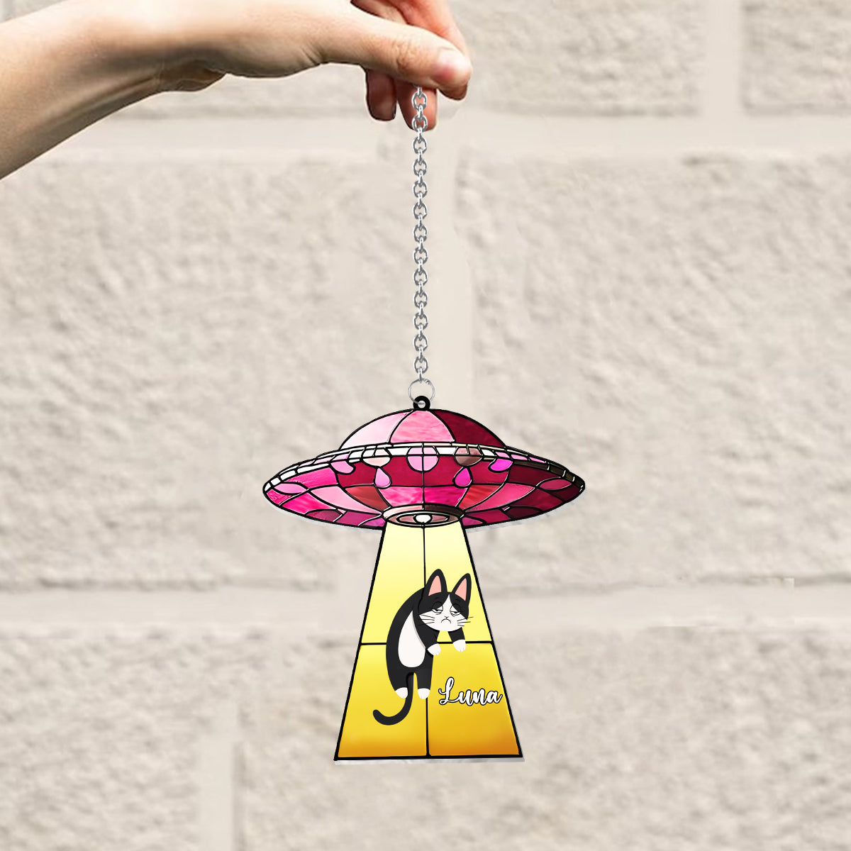 UFO With A Cat - Personalized Cat Window Hanging Suncatcher Ornament