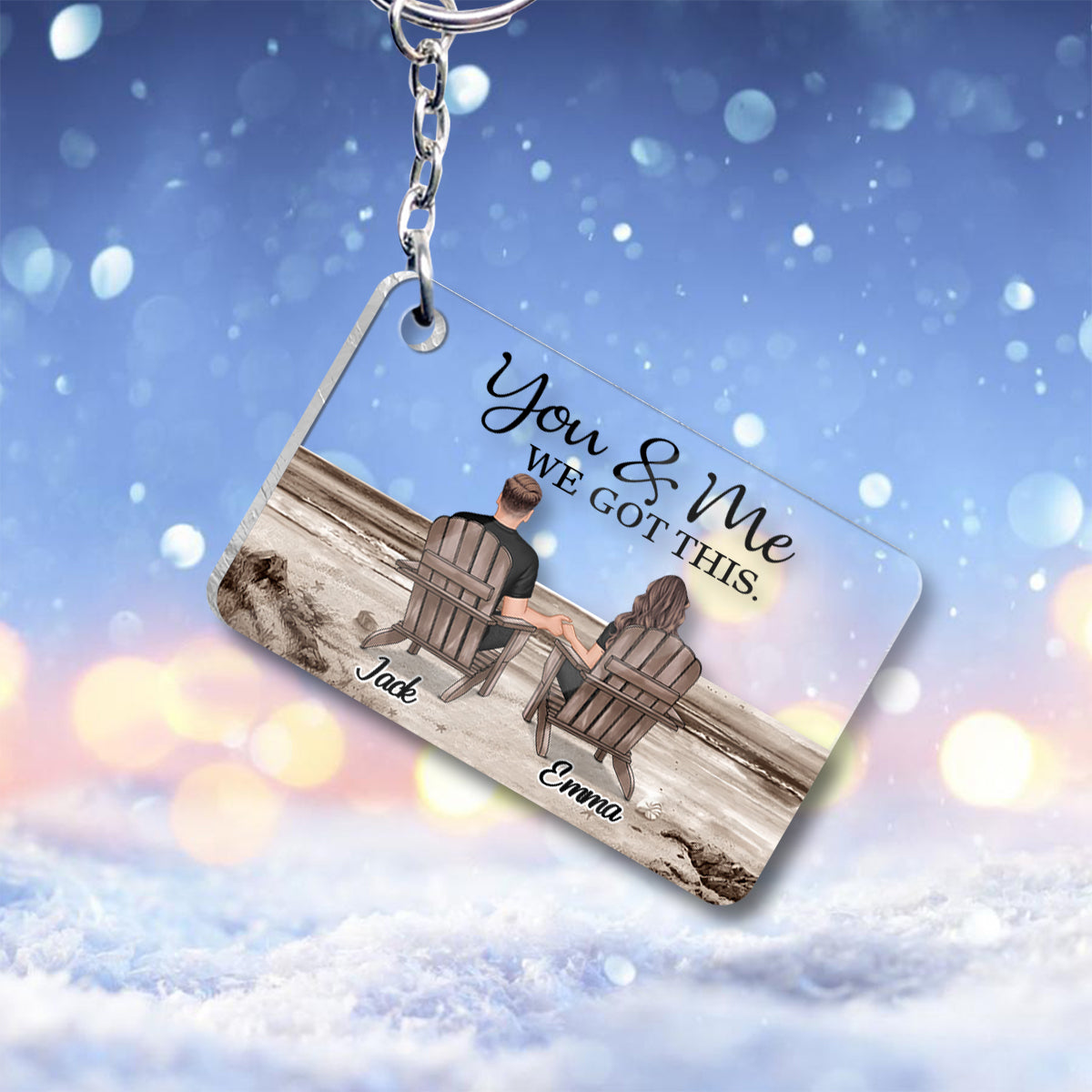 Couple Sitting Back View Retro Vintage Beach Landscape - Personalized Couple Transparent Keychain