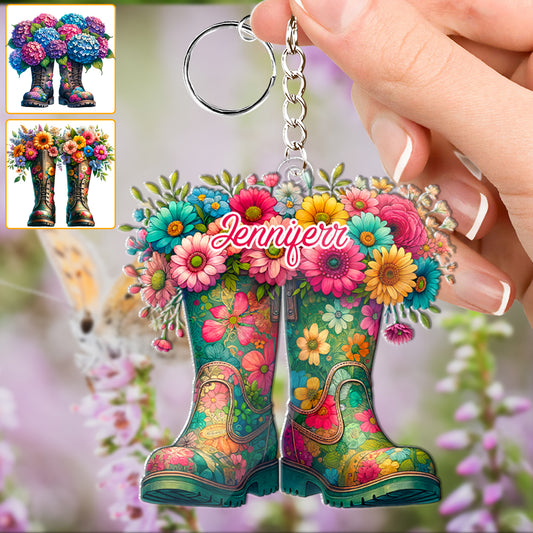 Floral Garden Boots - Personalized Gardening Keychain