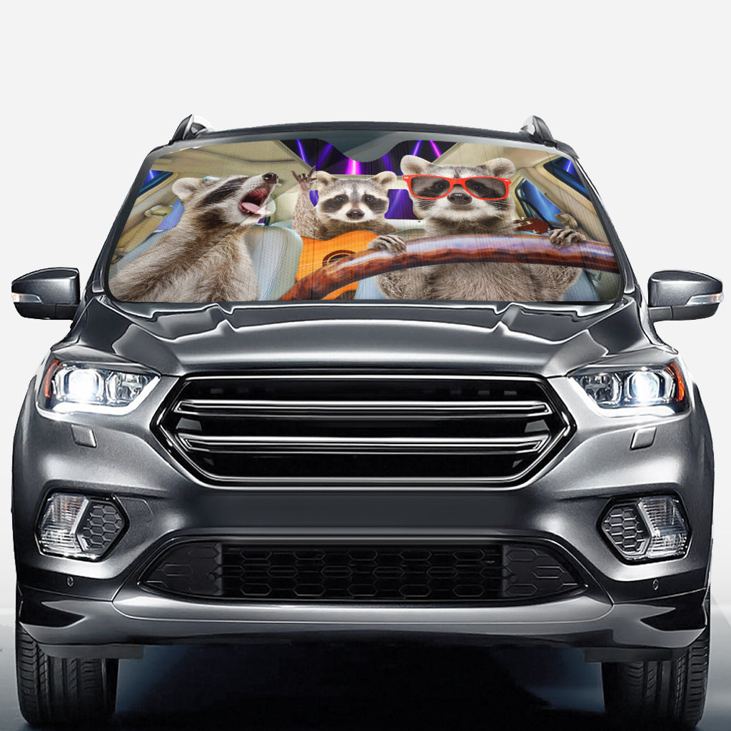 Pare-soleil de voiture personnalisé avec trois ratons laveurs rigolos