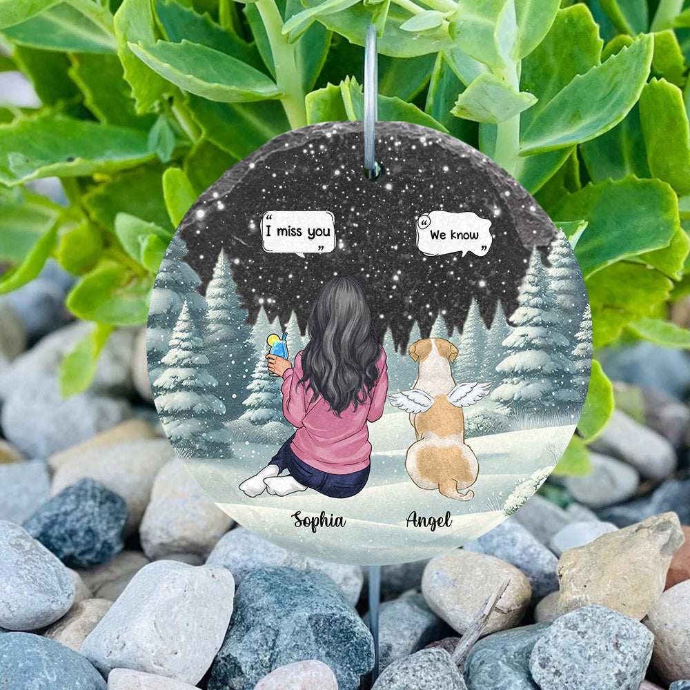 Ich vermisse dich – Personalisierte runde Hänge-Gartentafel mit Hundemotiv