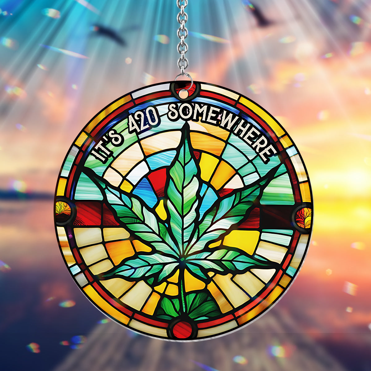 Il fait 420 quelque part - Décoration de fenêtre personnalisée attrape-soleil en forme de cannabis 