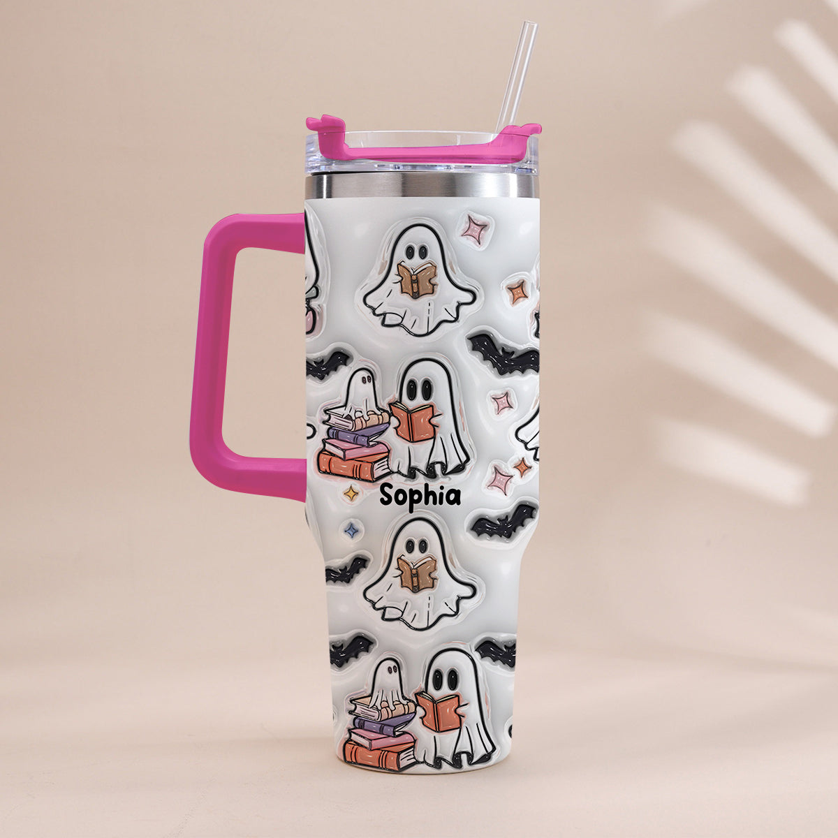 Cute Ghost Reading Booooks - Personalized Book Tumbler With Handle