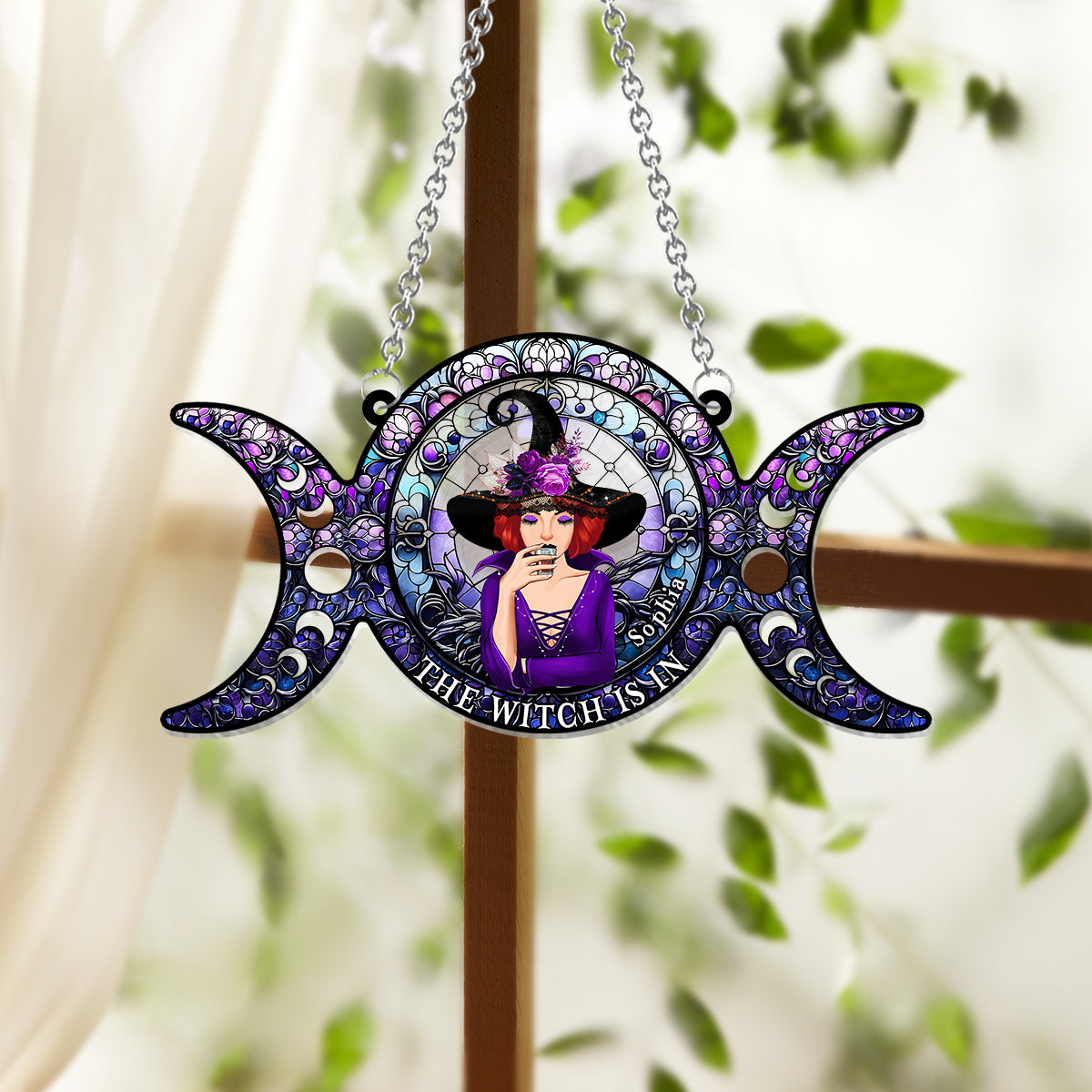 The Witch Is In - Personalized Witch Window Hanging Suncatcher Ornament