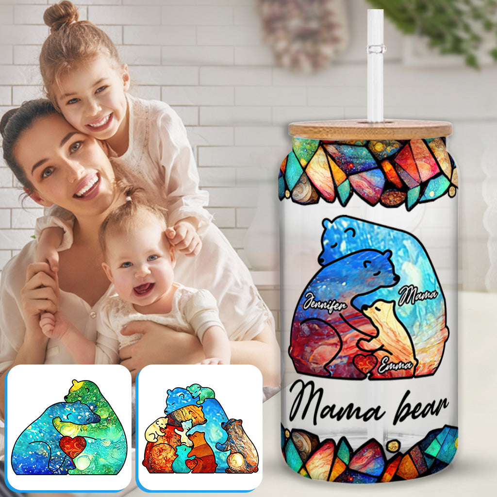 Mama Bear Colorful Stained Glass - Personalized Mother Can Glass