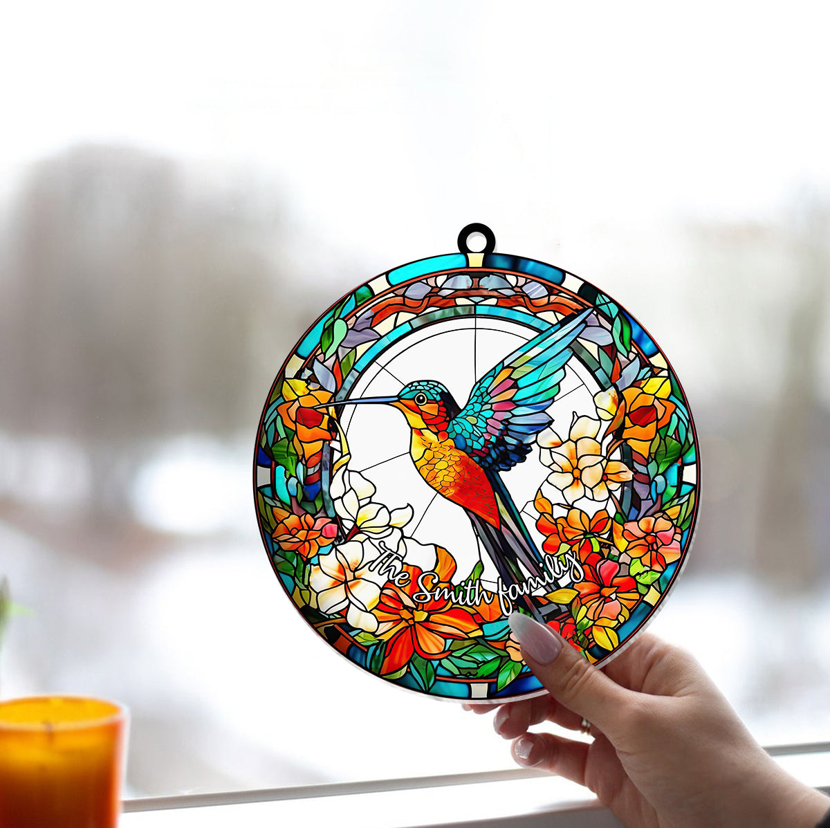 Magnifique colibri entouré de fleurs - Décoration attrape-soleil personnalisée à suspendre à la fenêtre. 
