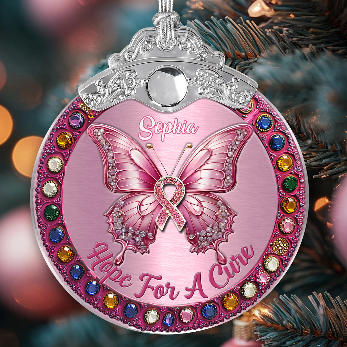 Hope For A Cure - Personalized Breast Cancer Awareness Vintage Ornament