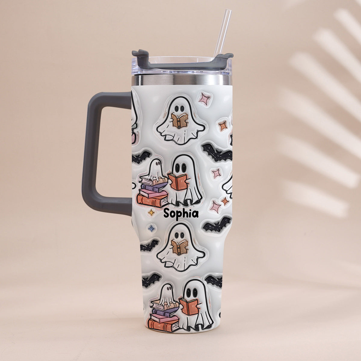 Cute Ghost Reading Booooks - Personalized Book Tumbler With Handle