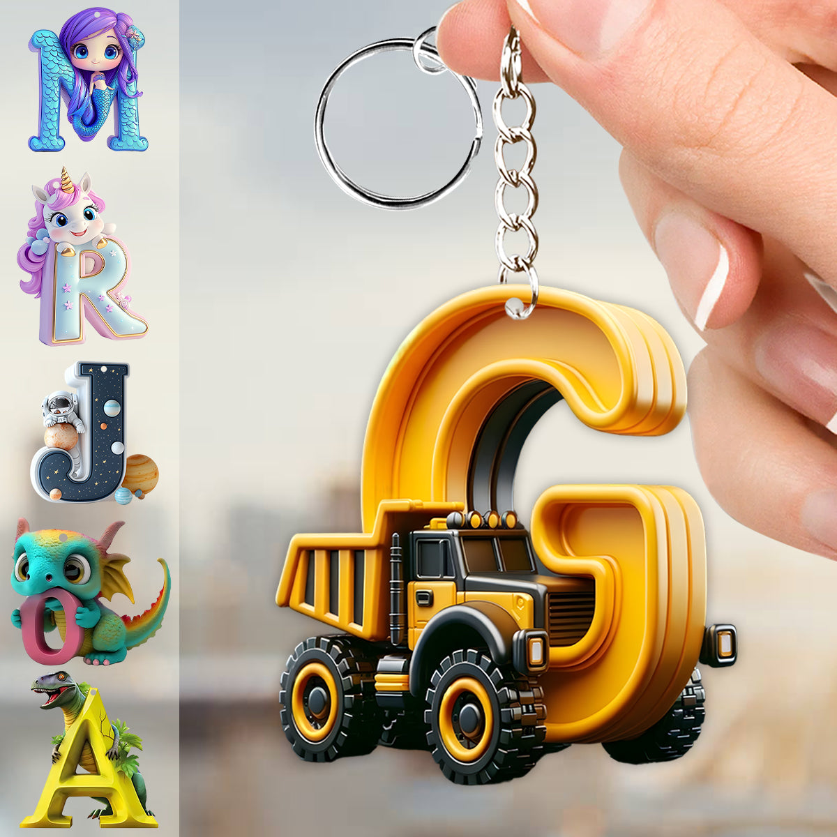 Construction Vehicles Letter - Personalized Kid Keychain