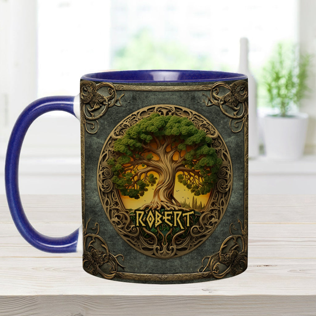 Lebensbaum-Motiv, skandinavische Mythologie, rustikaler Stil – personalisierte Tasse mit irischem Akzent