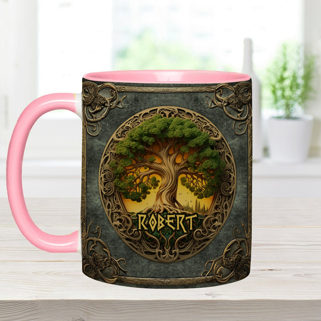 Lebensbaum-Motiv, skandinavische Mythologie, rustikaler Stil – personalisierte Tasse mit irischem Akzent