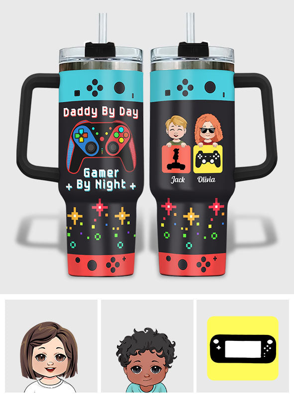 Daddy By Day Gamer By Night - Personalized Father Tumbler With Handle